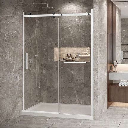 Zitta Shower door Bellini 2.0 in alcove, 60", towel bar included, sliding door, matte white frame and clear glass, Zitta collection DB26000ASTC11 - Plumbing Market