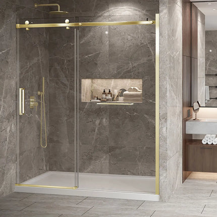 Zitta Shower door Bellini 2.0 in alcove, 72", towel bar inlcuded, sliding door, brushed gold frame and clear glass, Zitta collection DB27200ASTC51 - Plumbing Market
