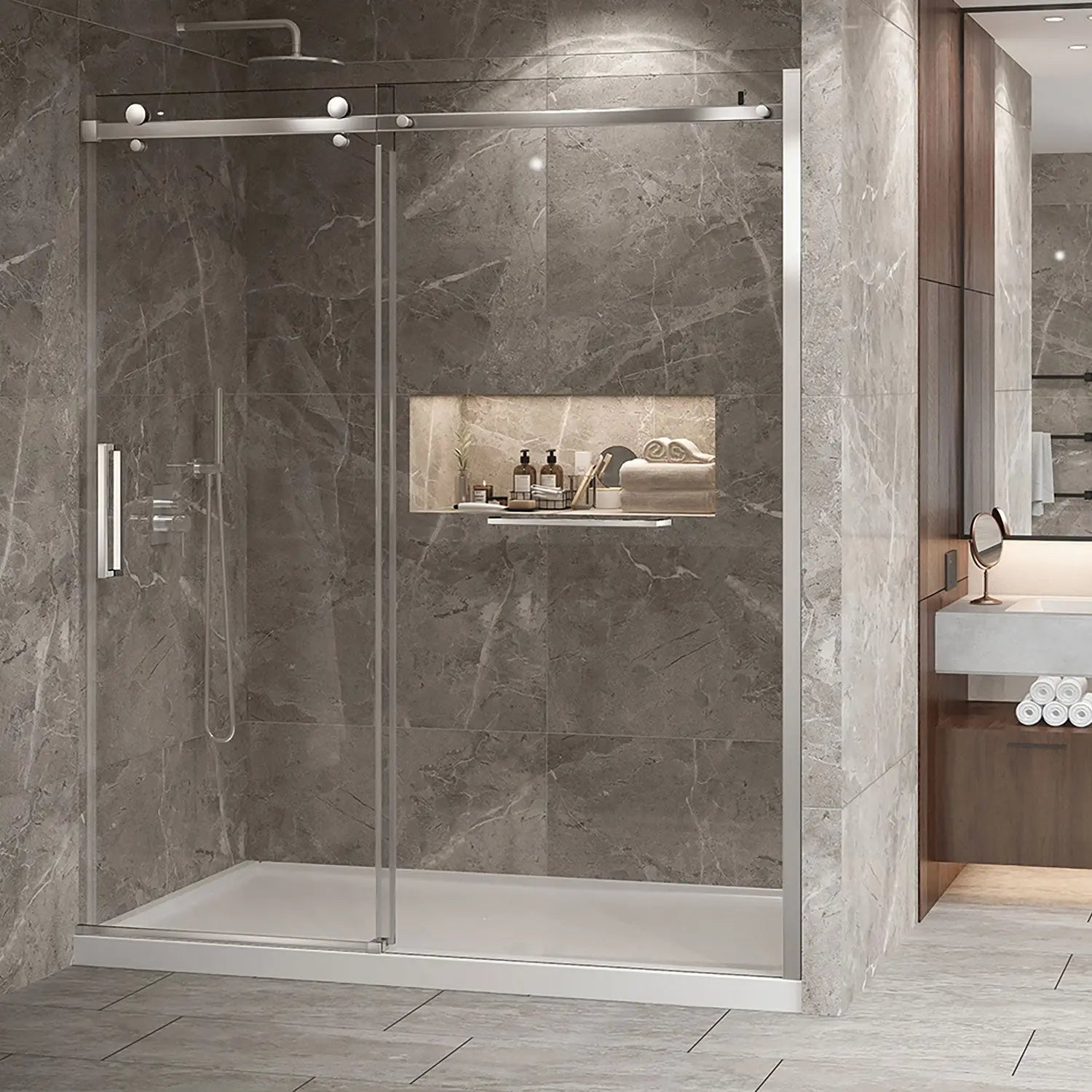 Zitta Shower door Bellini 2.0 in alcove, 72", towel bar inlcuded, sliding door, chrome frame and clear glass, Zitta collection DB27200ASTC21 - Plumbing Market