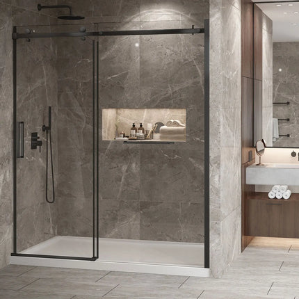 Zitta Shower door Bellini 2.0 in alcove, 72", towel bar inlcuded, sliding door, matte black frame and clear glass, Zitta collection DB27200ASTC71 - Plumbing Market