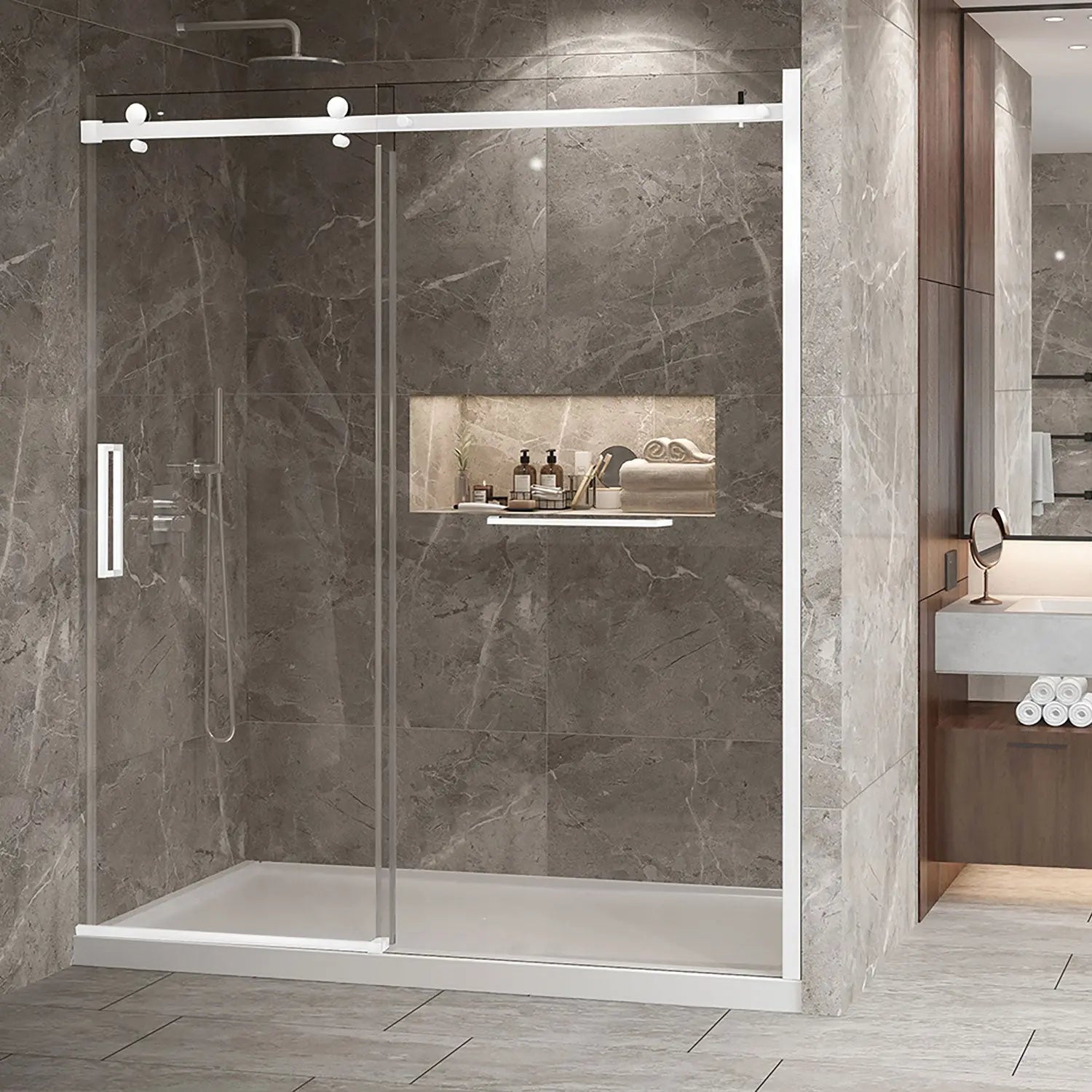 Zitta Shower door Bellini 2.0 in alcove, 72", towel bar inlcuded, sliding door, matte white frame and clear glass, Zitta collection DB27200ASTC11 - Plumbing Market