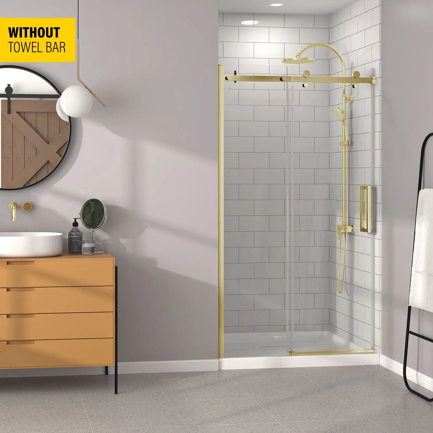 Zitta Shower door Bellini  in alcove, 48", without towel bar, sliding door, brushed gold frame and clear glass, Zitta collection DB14800ASTC51 - Plumbing Market