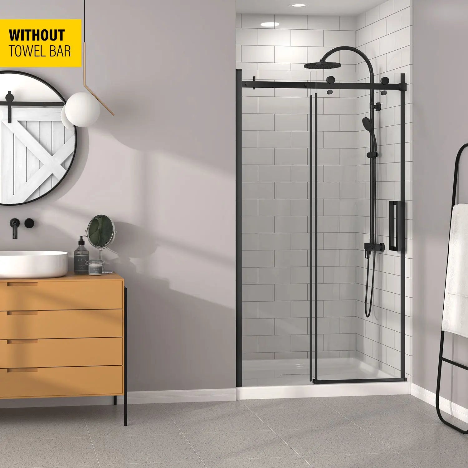 Zitta Shower door Bellini  in alcove, 48", without towel bar, sliding door, matte black frame and clear glass, Zitta collection DB14800ASTC71 - Plumbing Market