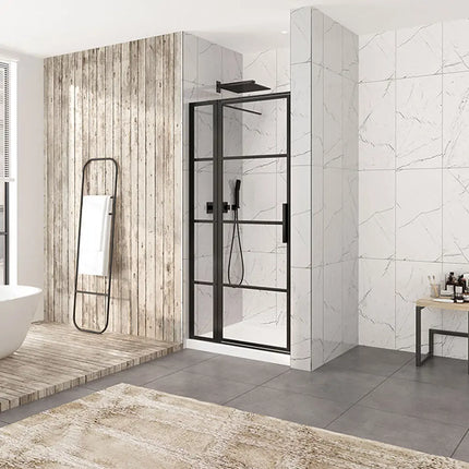 Zitta Shower door Materia in alcove rectangular offset door, 42", Pivoting, matte black frame and clear glass, Zitta collection DMT4200ASTA76 - Plumbing Market