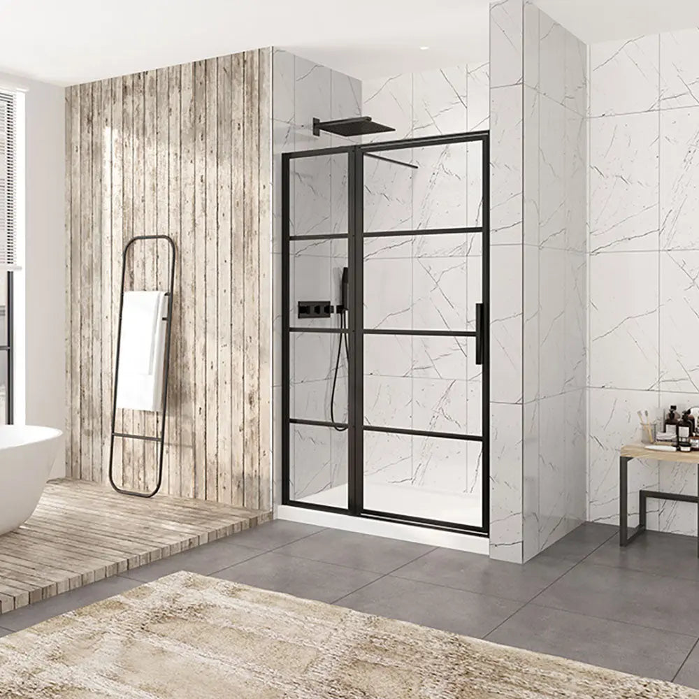Zitta Shower door Materia in alcove rectangular offset door, 54", Pivoting, matte black frame and clear glass, Zitta collection DMT5400ASTA76 - Plumbing Market