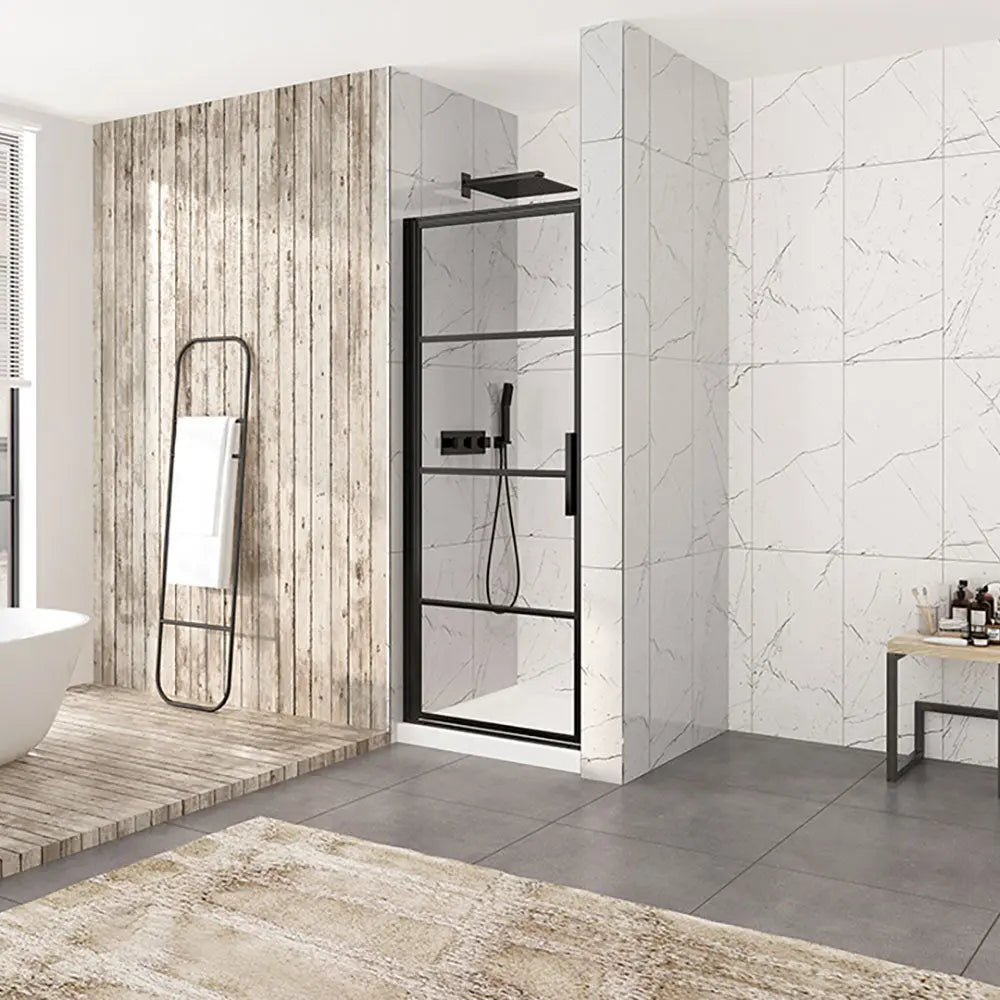 Zitta Shower door Materia in alcove, 36", Pivoting, matte black frame and clear glass, Zitta collection DMT3600ASTA76 - Plumbing Market