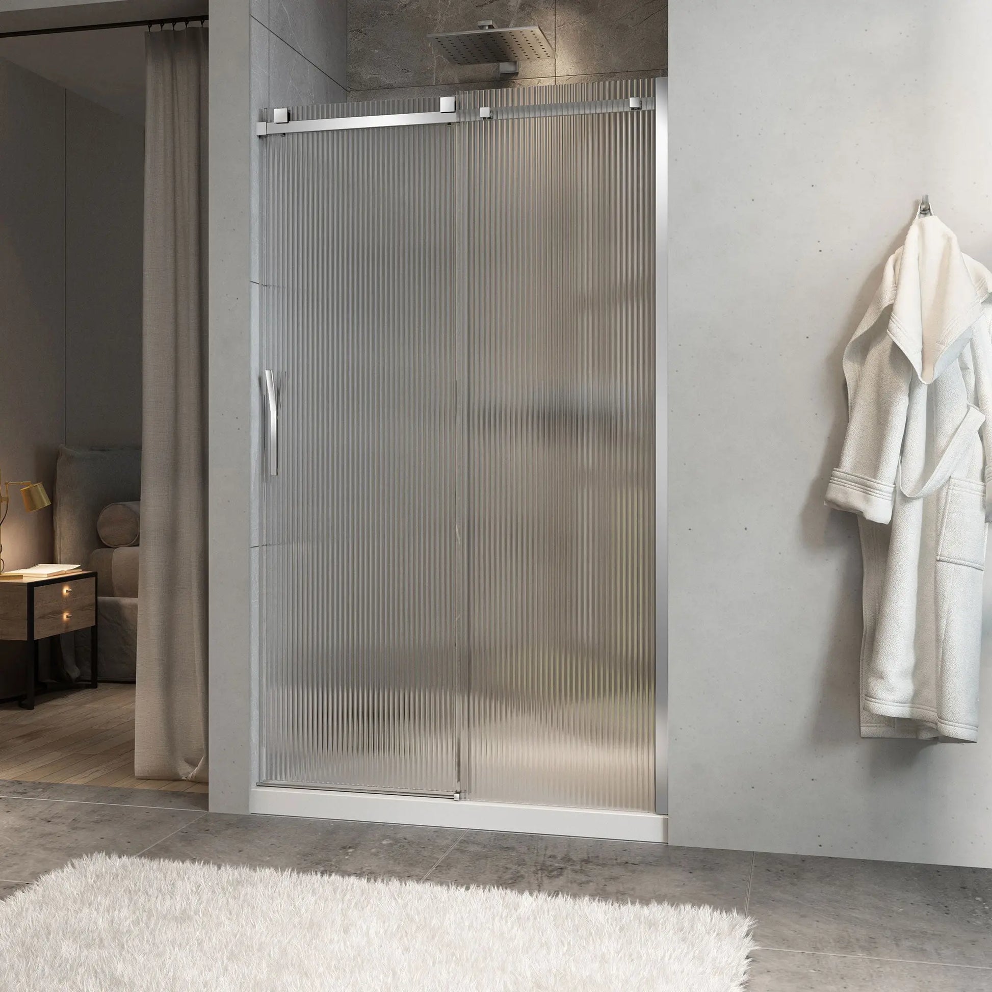 Zitta Shower door Minia alcove, 48", sliding, chrome frame and fluted glass, Zitta collection DMN4800ASTG23 - Plumbing Market