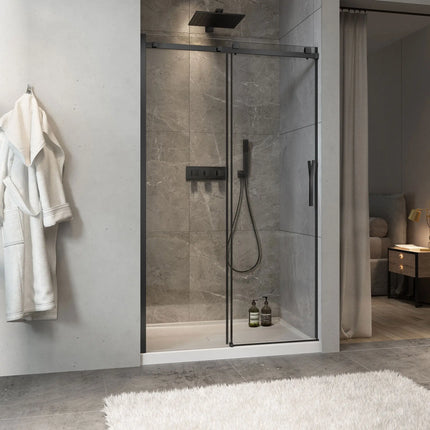 Zitta Shower door Minia alcove, 48", sliding, matte black frame and clear glass, Zitta collection DMN4800ASTC71 - Plumbing Market