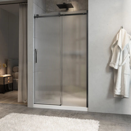 Zitta Shower door Minia alcove, 48", sliding, matte black frame and fluted glass, Zitta collection DMN4800ASTG73 - Plumbing Market