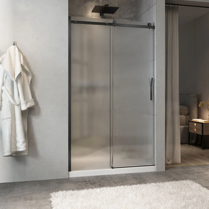 Zitta Shower door Minia alcove, 48", sliding, matte black frame and fluted glass, Zitta collection DMN4800ASTH73 - Plumbing Market