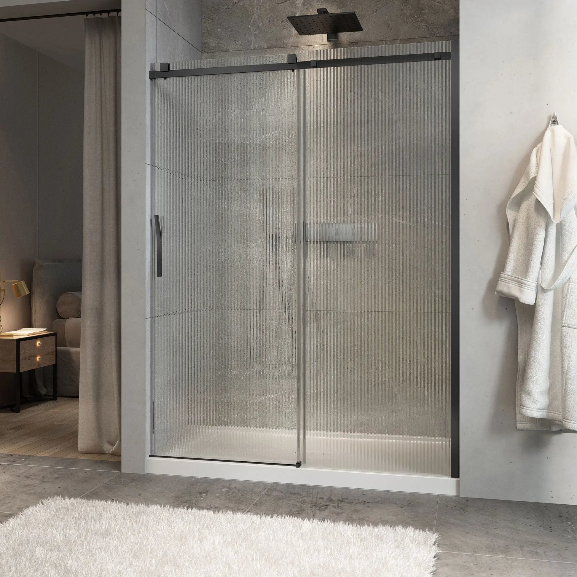 Zitta Shower door Minia alcove, 60", sliding, matte black frame and fluted glass, Zitta collection DMN6000ASTG73 - Plumbing Market