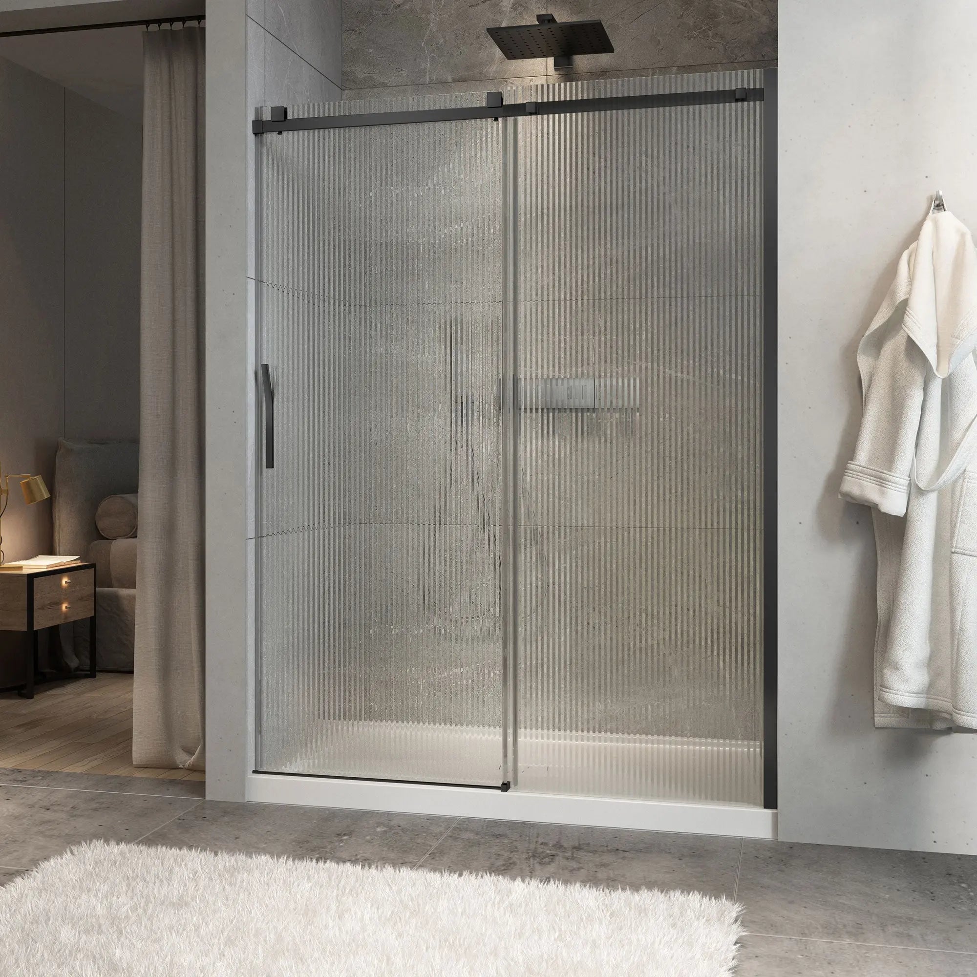 Zitta Shower door Minia alcove, 60", sliding, matte black frame and fluted glass, Zitta collection DMN6000ASTG73 - Plumbing Market