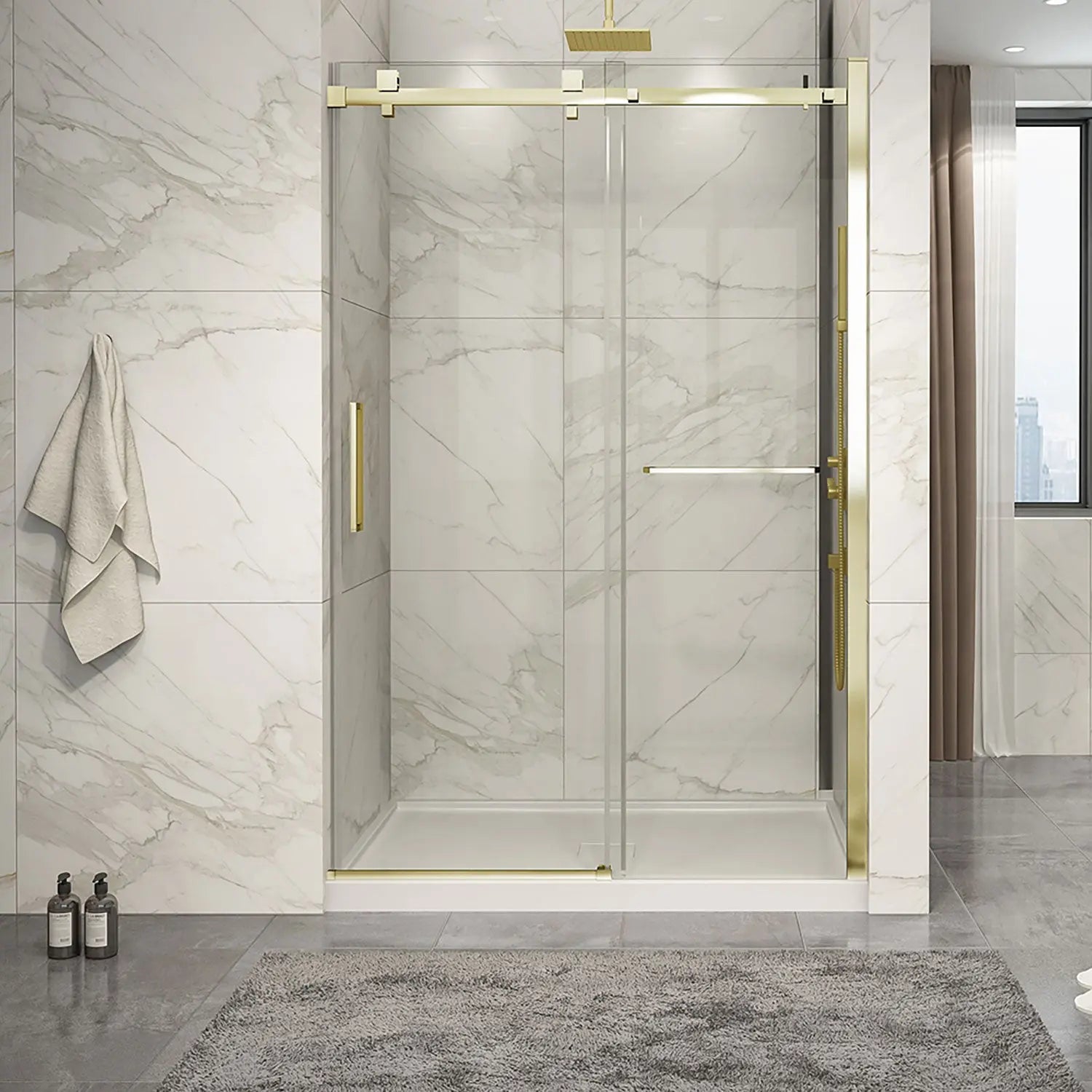 Zitta Shower door Piazza 2.0 in alcove, 54", towel bar inlcuded, sliding door, brushed gold frame and clear glass, Zitta collection DP25400ASTC51 - Plumbing Market