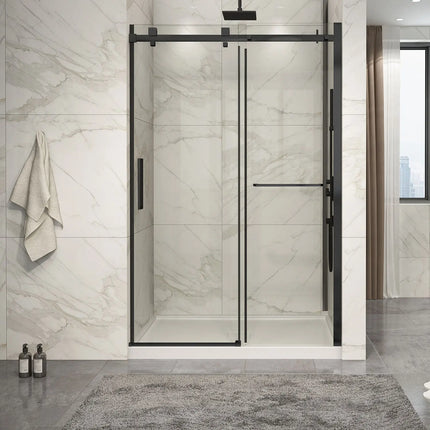 Zitta Shower door Piazza 2.0 in alcove, 54", towel bar inlcuded, sliding door, matte black frame and clear glass, Zitta collection DP25400ASTC71 - Plumbing Market