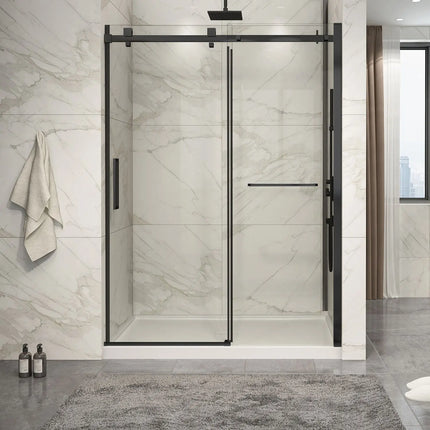 Zitta Shower door Piazza 2.0 in alcove, 60", towel bar inlcuded, sliding door, matte black frame and clear glass, Zitta collection DP26000ASTC71 - Plumbing Market