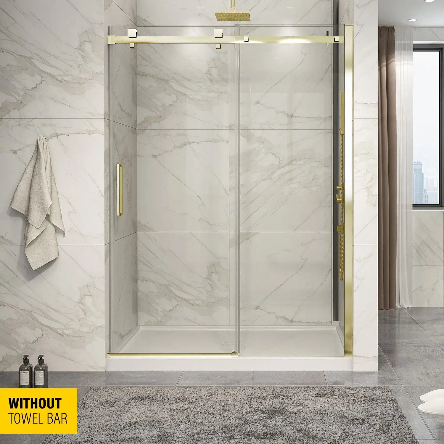 Zitta Shower door Piazza in alcove, 60", without towel bar, sliding door, brushed gold frame and clear glass, Zitta collection DP16000ASTC51 - Plumbing Market