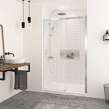 Zitta Shower door Vague in alcove, 48", Sliding, chrome frame and clear glass, Zitta collection DVG4800ASTC21 - Plumbing Market