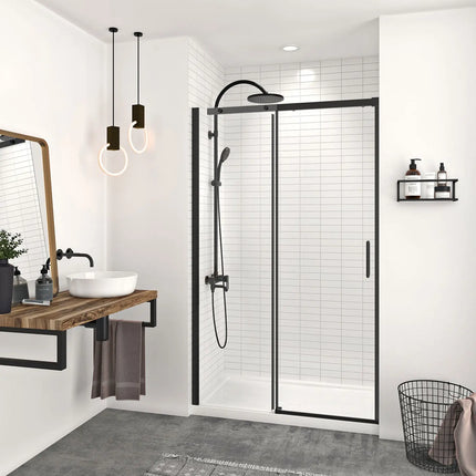 Zitta Shower door Vague in alcove, 48", Sliding, matte black frame and clear glass, Zitta collection DVG4800ASTC71 - Plumbing Market