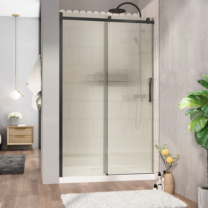 Zitta Shower door Vaia alcove, 48", sliding, matte black frame and fluted glass, Zitta collection DVI4800ASTH73 - Plumbing Market