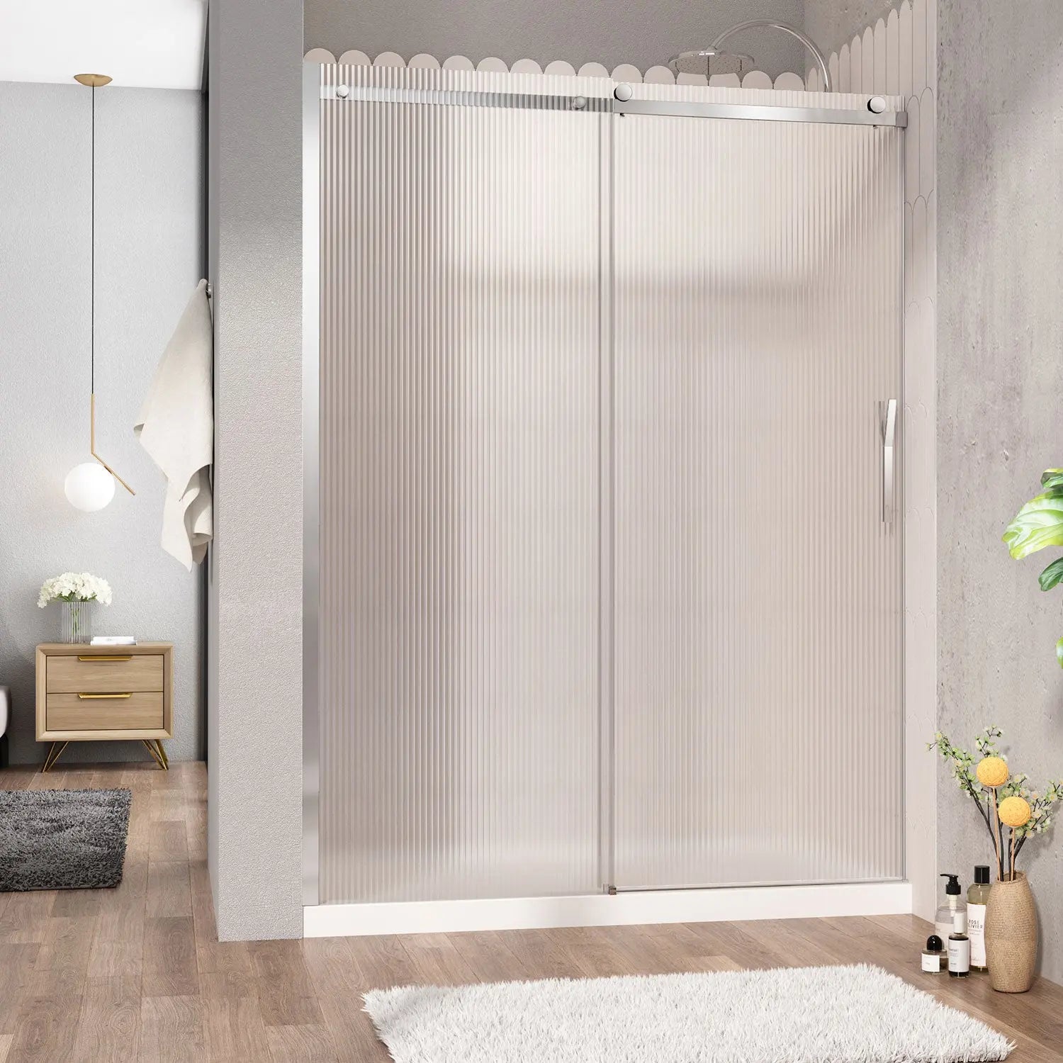 Zitta Shower door Vaia alcove, 60", sliding, chrome frame and fluted glass, Zitta collection DVI6000ASTH23 - Plumbing Market
