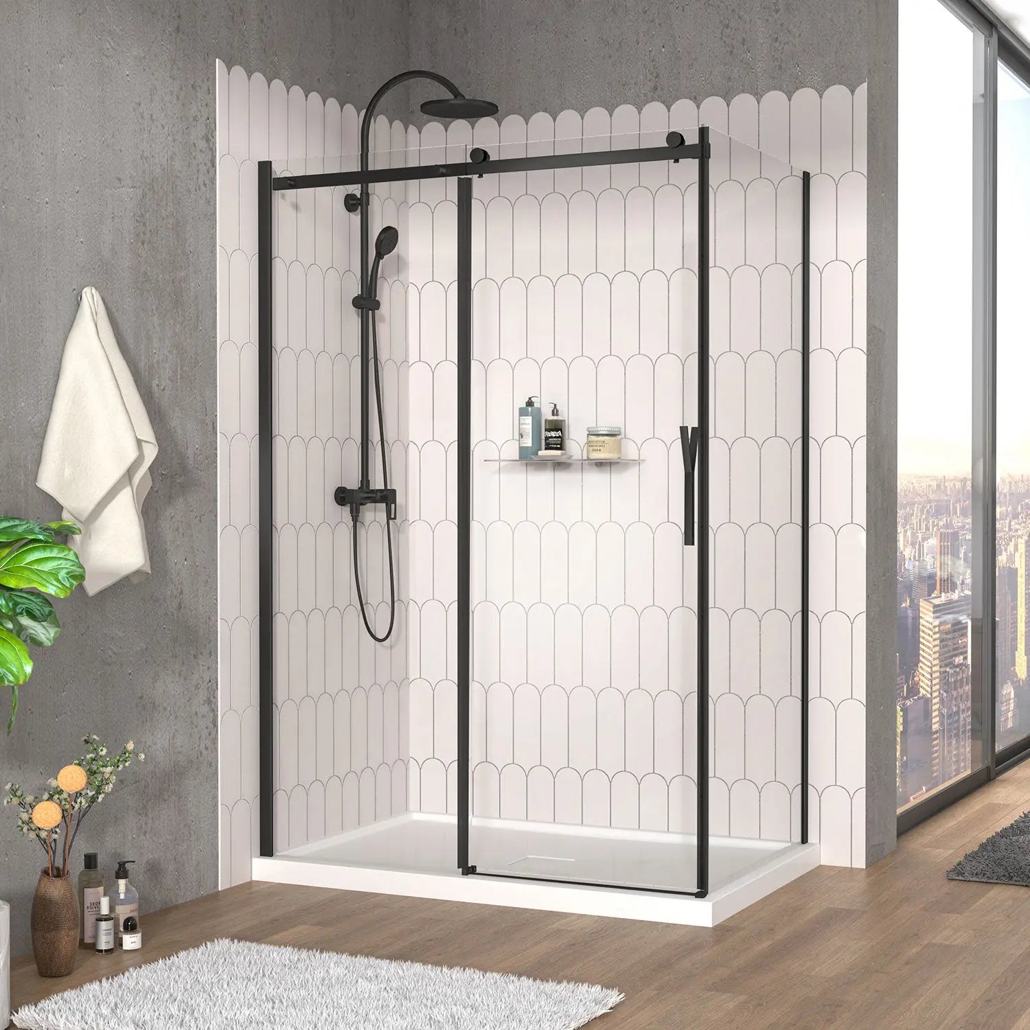 Zitta Shower door Vaia in a corner closing on return,  54" x 36", sliding, matte black frame and clear glass, Zitta collection DVI5400ASTC71+DVI3600PSTX71 - Plumbing Market