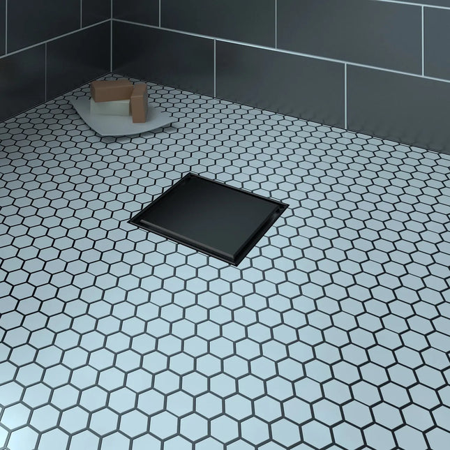 Zitta Square matte black grate 6" x 6" reversible, solid or to tile, for shower, Zitta collection AD0606CLB17 - Plumbing Market