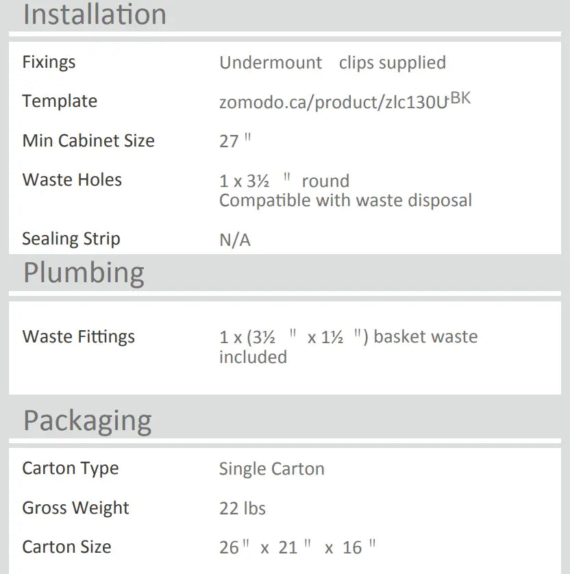 Zomodo Zeffiro 24" Laundry Sink Single Black Pearl ZLC130U-BK