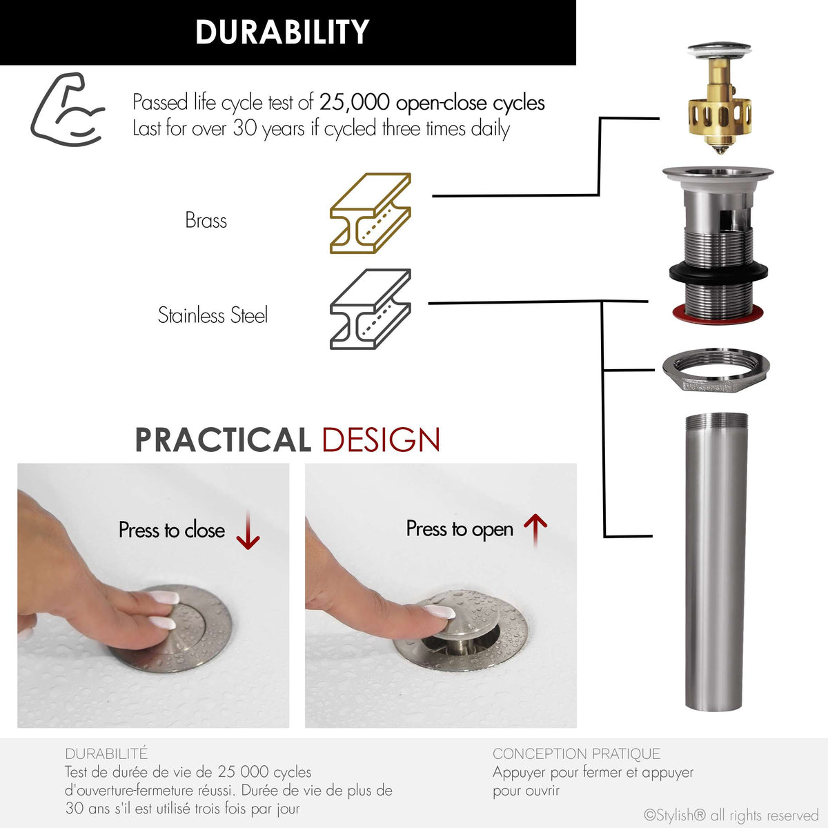 Stylish Pop-Up Bathroom Sink Drains Set with Overflow Brushed Nickel D-700B2