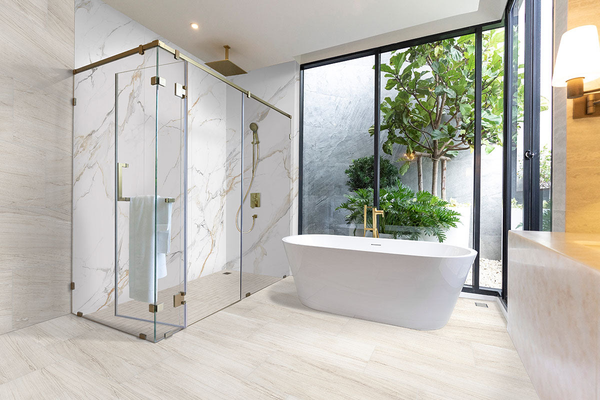 MSI Malahari White 3 x 24 Lappato Porcelain trim (NMALWHI3X24BNL-3D) – MSI room scene (bathroom)