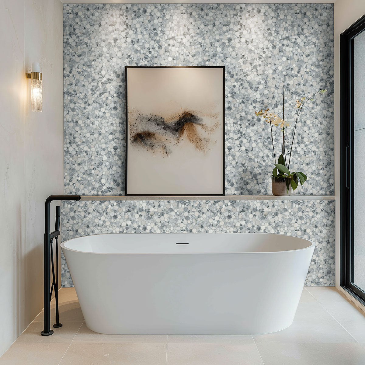 MSI Alaska Gray Pebble Polished Marble mosaic (SMOT-PEB-ALGRY) – MSI room scene (bathroom)