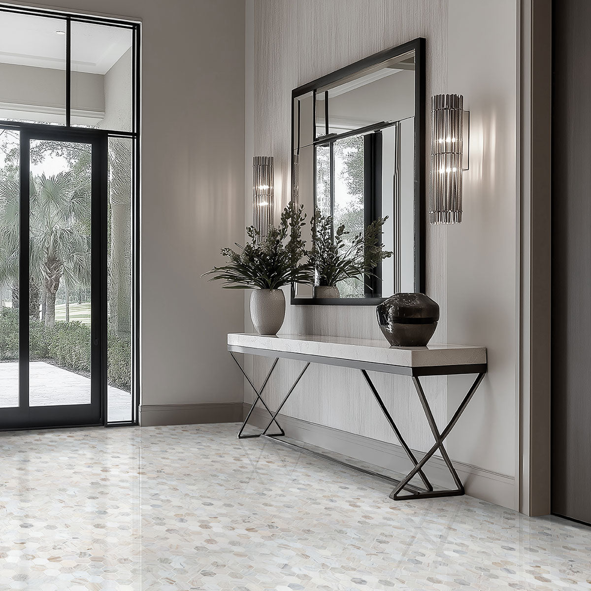 MSI Angora 2" Hexagon Polished Marble mosaic (SMOT-ANGORA-2HEXP) – MSI room scene (entryway)