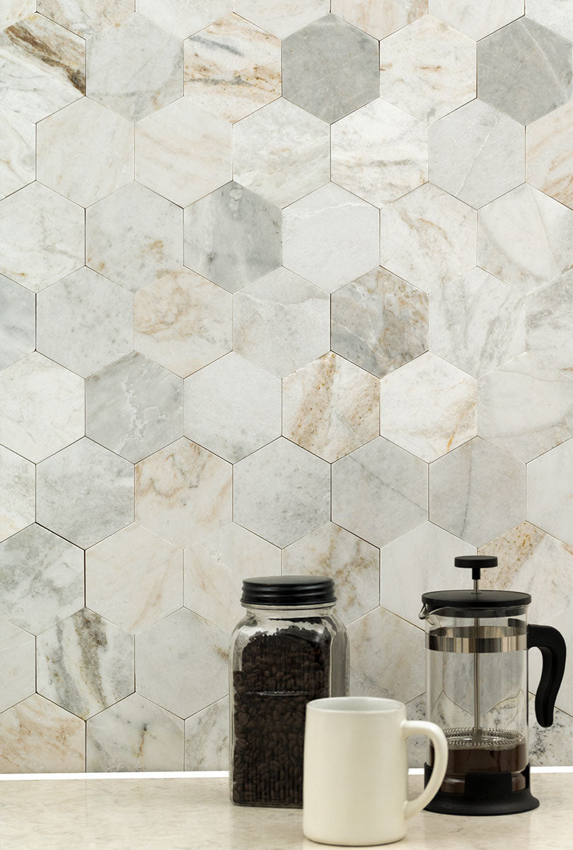 MSI Arabescato Venato Peel and Stick 4" Hexagon Honed Marble mosaic (SMOT-PNS-ARAVEN4HEX-4MM) – MSI room scene