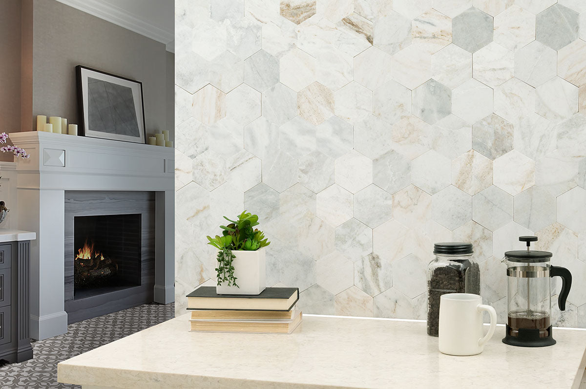 MSI Arabescato Venato Peel and Stick 4" Hexagon Honed Marble mosaic (SMOT-PNS-ARAVEN4HEX-4MM) – MSI room scene