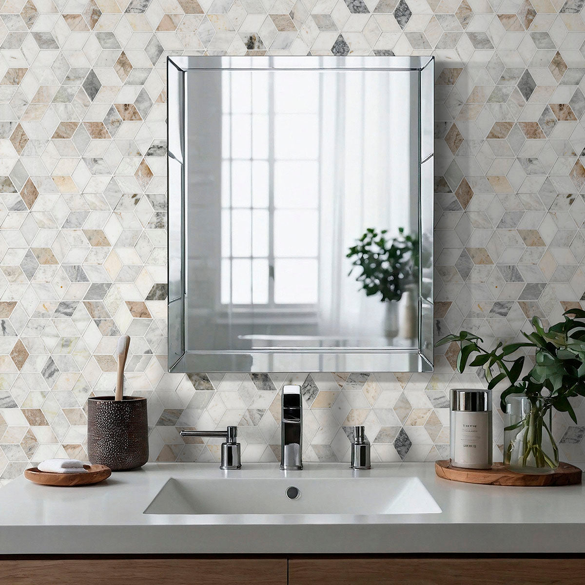 MSI Arabescato Venato White Cube Honed Marble mosaic (SMOT-ARAVEN-CUBEH) – MSI room scene (bathroom)
