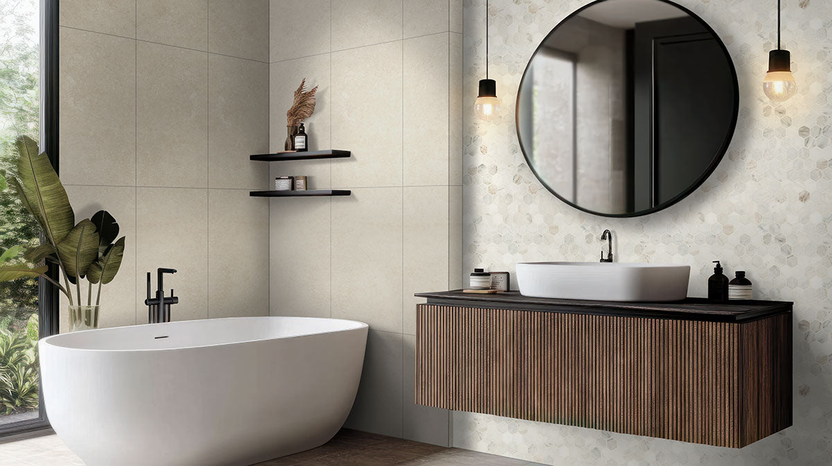 MSI Arabescato Venato White 2" Hexagon Honed Marble mosaic (SMOT-ARAVEN-2HEXH) – MSI room scene (bathroom)