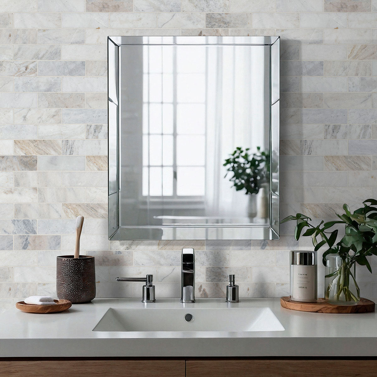MSI Arabescato Venato White 2 x 6 Honed Marble mosaic (SMOT-ARAVEN-2X6H) – MSI room scene (bathroom)