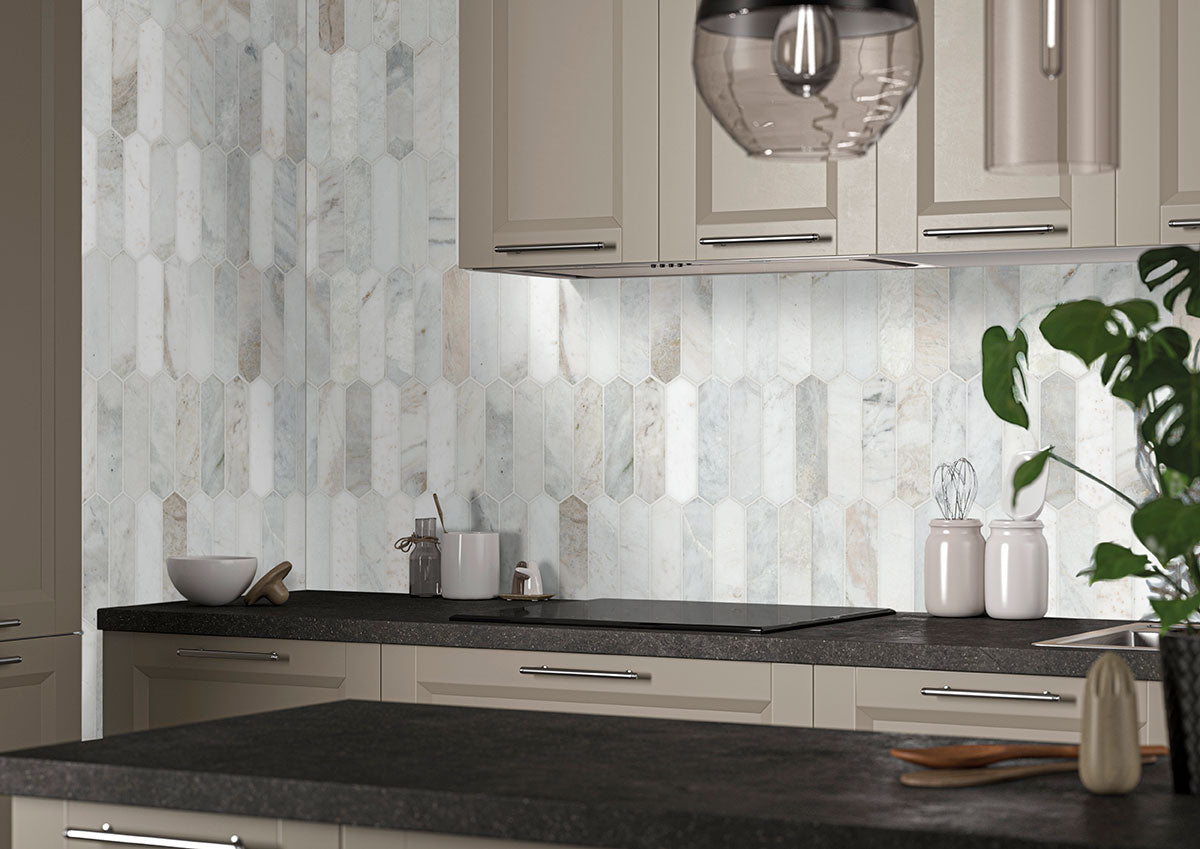 MSI Arabescato Venato White Picket Honed Marble mosaic (SMOT-ARAVEN-PKH) – MSI room scene (kitchen)