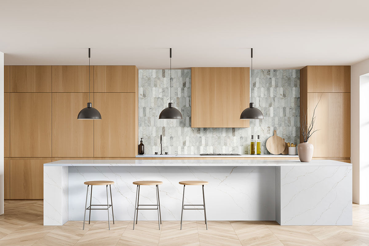 MSI Arabescato Venato White Picket Honed Marble mosaic (SMOT-ARAVEN-PKH) – MSI room scene (kitchen)