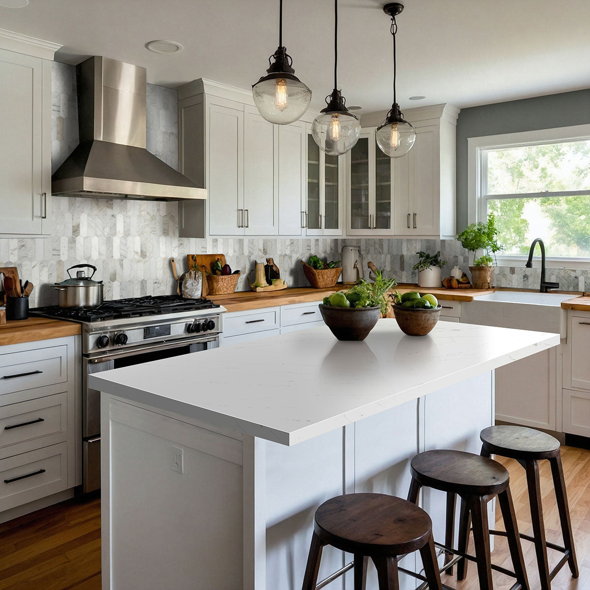 MSI Arabescato Venato White Picket Honed Marble mosaic (SMOT-ARAVEN-PKH) – MSI room scene (kitchen)