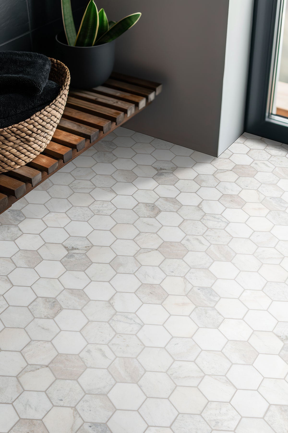 MSI Arabescato Venato White 5" Hexagon Honed Marble mosaic (SMOT-ARAVEN-5HEXH) – MSI room scene
