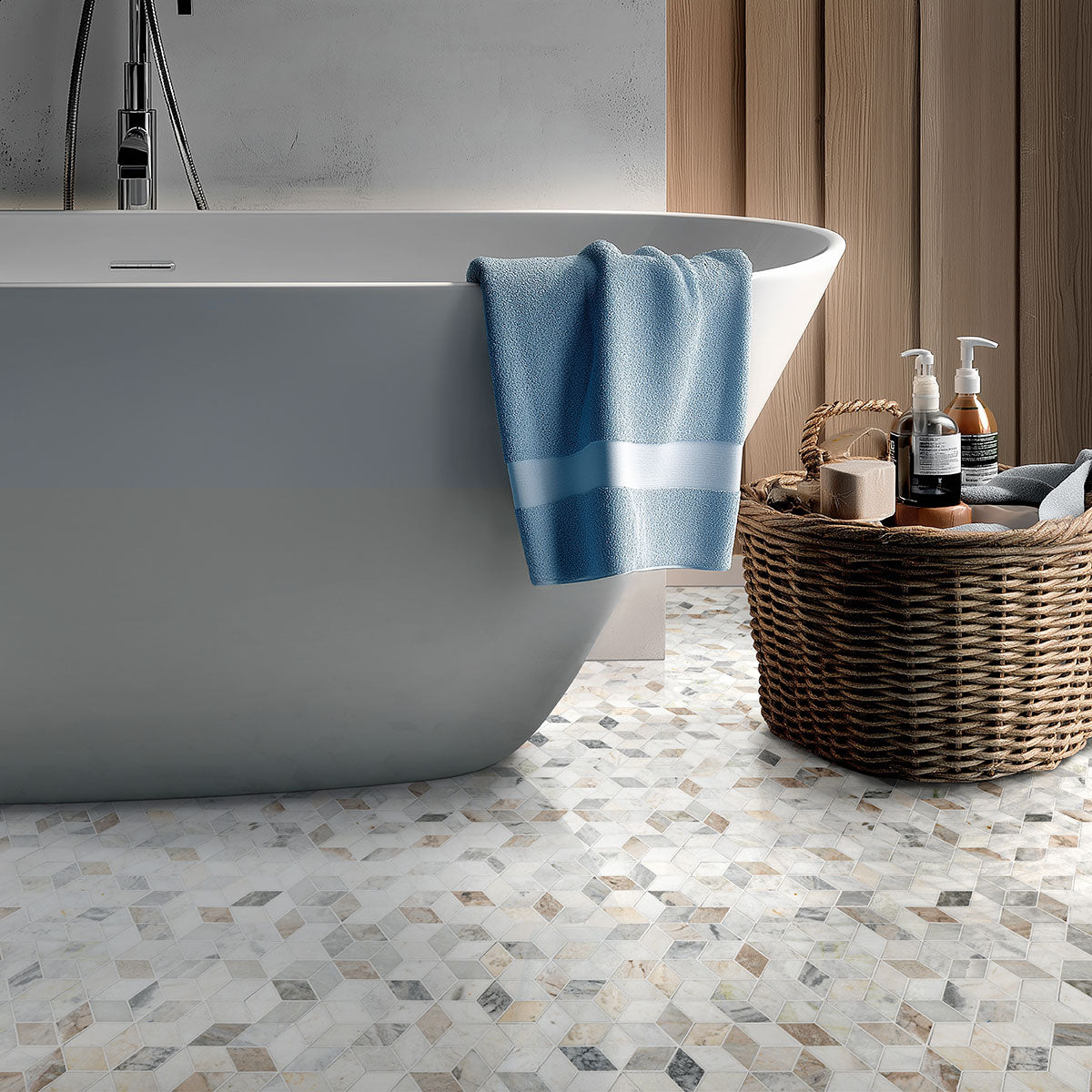 MSI Arabescato Venato White Cube Honed Marble mosaic (SMOT-ARAVEN-CUBEH) – MSI room scene (bathroom)