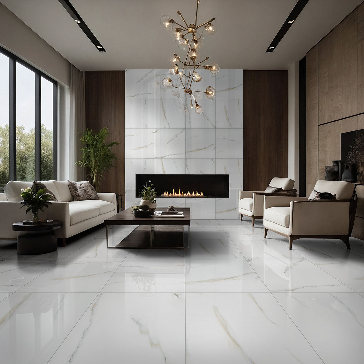 MSI Aria Bianco 12 x 24 Polished Porcelain tile (NARIBIA1224P) – MSI room scene (living room)