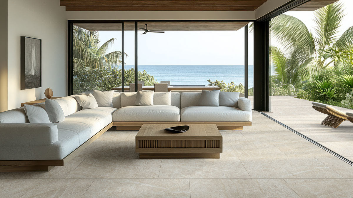 MSI Taja Ivory 24 x 24 Matte Porcelain paver (LPAVNTAJIVO2424) – MSI room scene (living room)