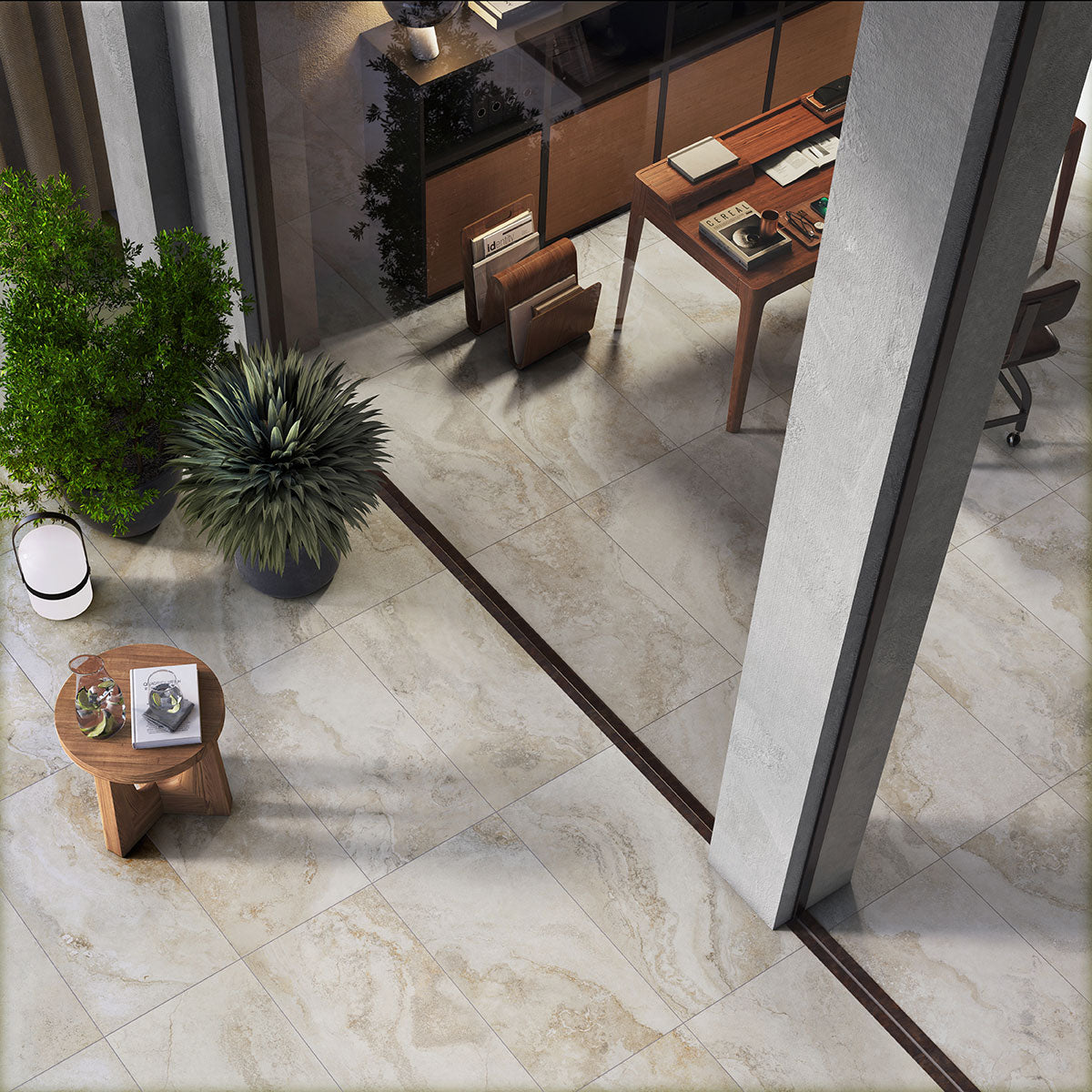 MSI Living Style Travertino 24 x 24 Matte Porcelain tile (NLIVSTYTRA2424) – MSI room scene (living room)