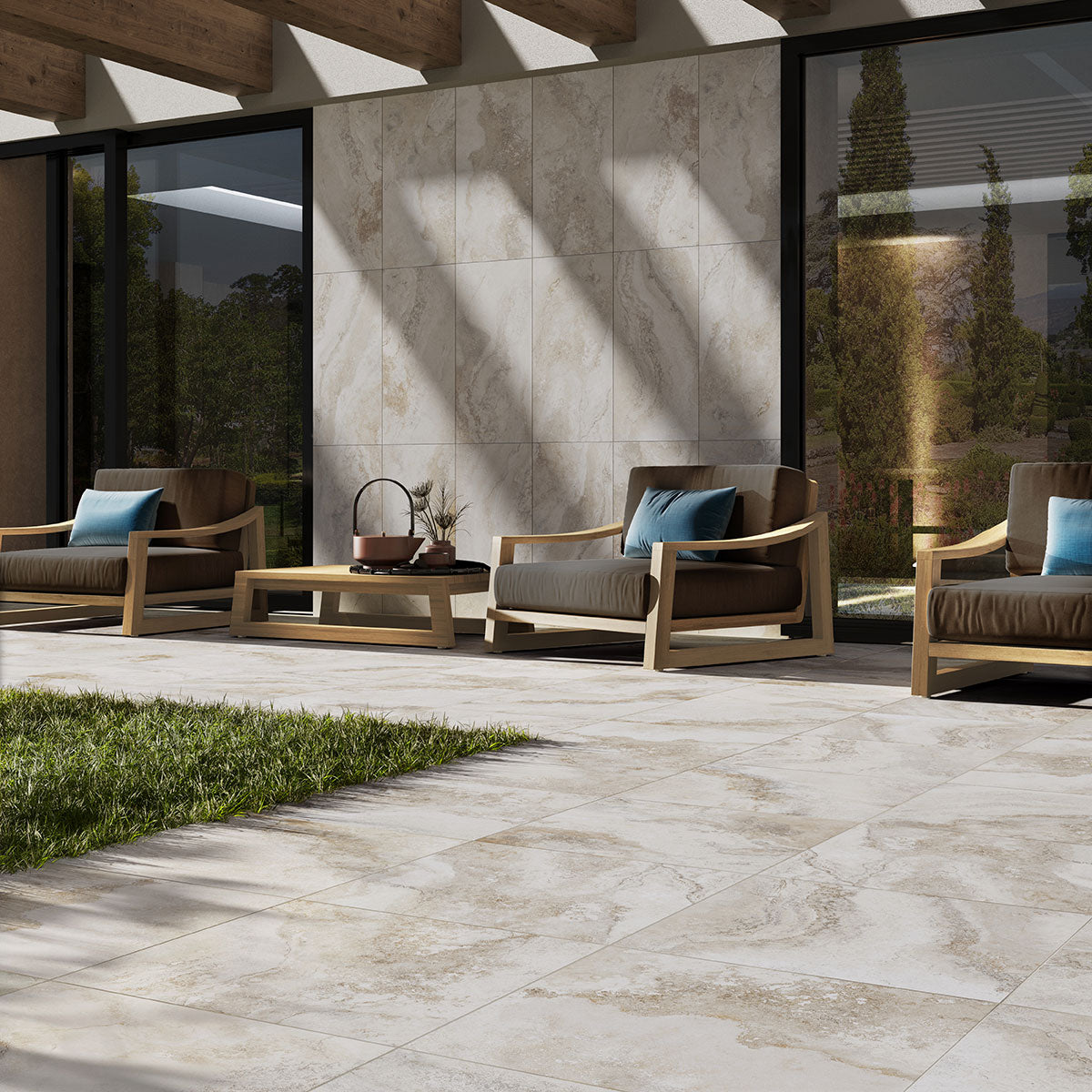 MSI Living Style Travertino 24 x 24 Matte Porcelain paver (LPAVNLIVTRA2424) – MSI room scene (living room)