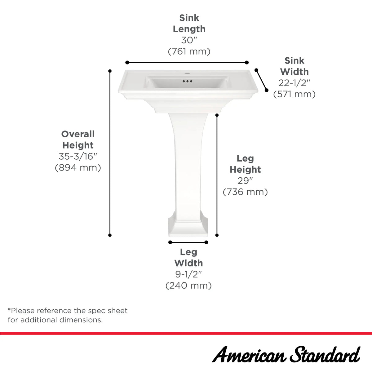 American Standard Town Square S Center Hole Only Pedestal Sink Top and Leg Combination - details