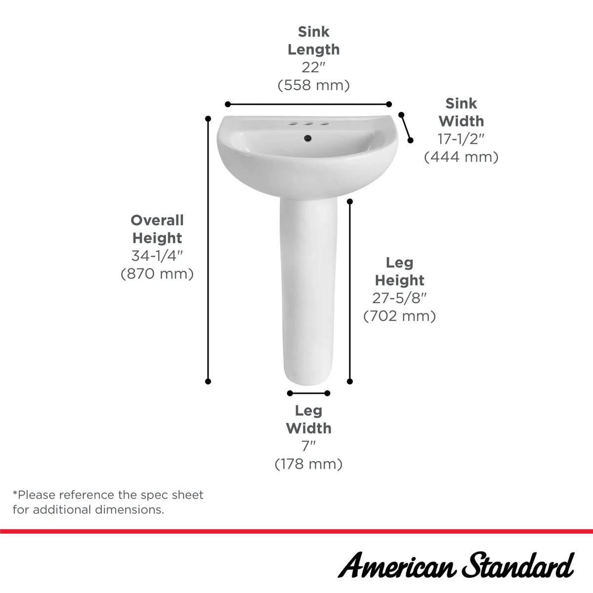 American Standard 22-Inch Evolution 4-Inch Centerset Pedestal Sink Top and Leg Combination - details