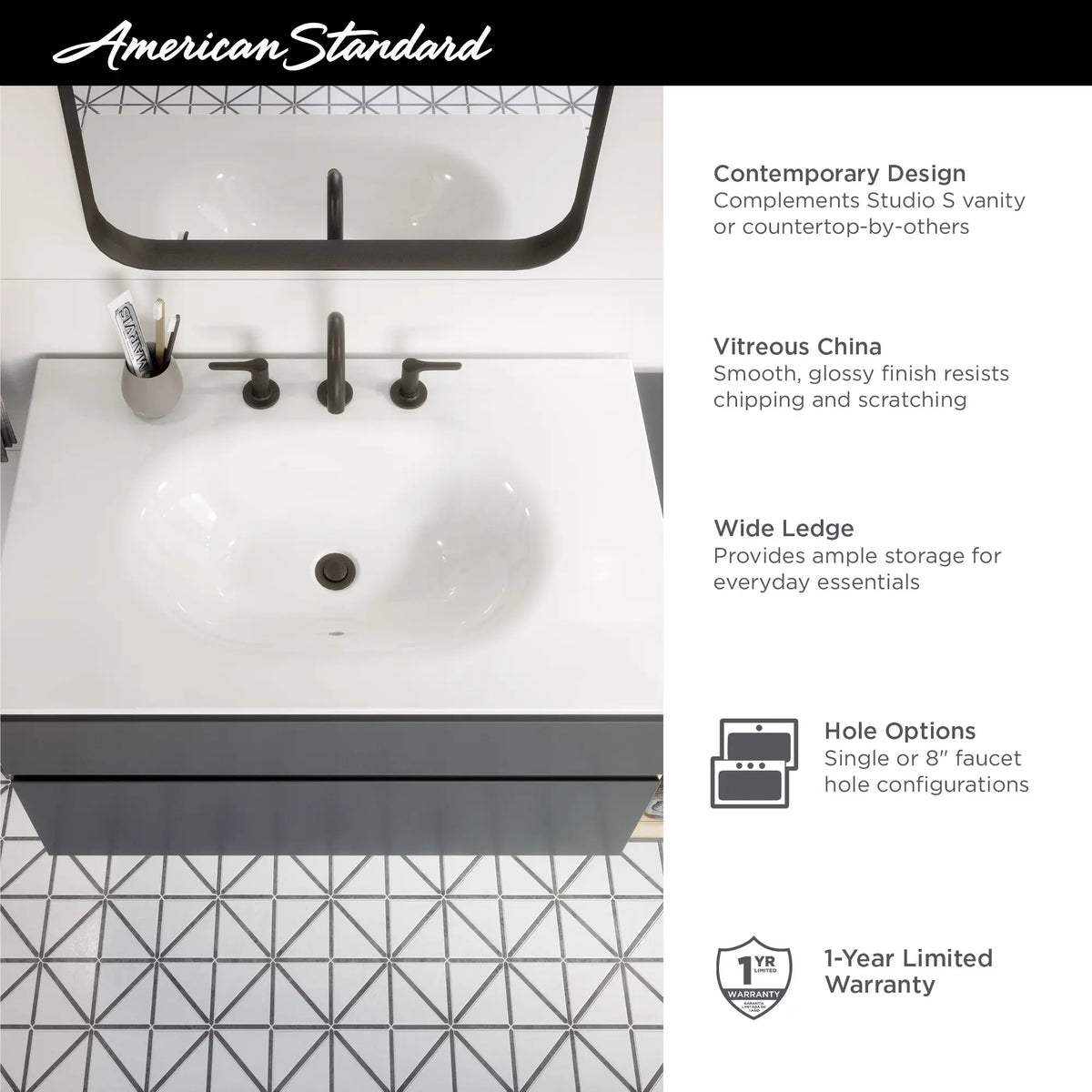 American Standard Studio S 24-Inch Vitreous China Vanity Sink Top 8-Inch Centers - details