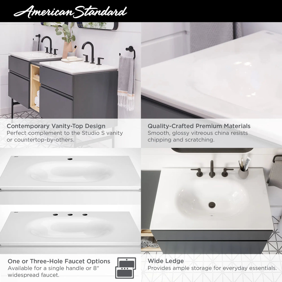 American Standard Studio S 33-Inch Vitreous China Vanity Sink Top Center Hole Only - details