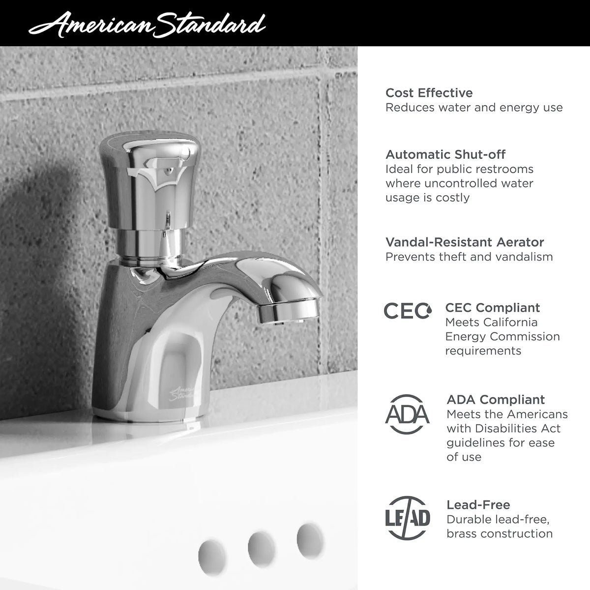 American Standard Metering Pillar Tap Faucet With Extended Spout 1.0 gpm/3.8 Lpf - details